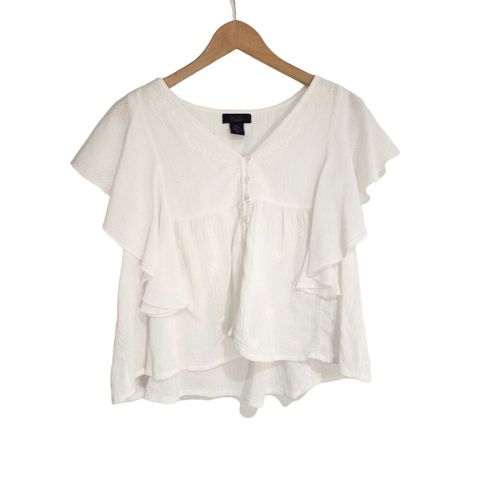 Rachel Zoe Womens Ruffle Embroidered Tunic M White Button Up Cotton Blend V-Neck